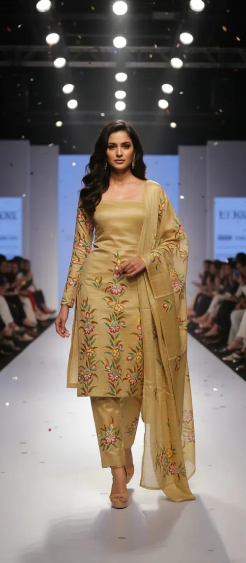 Premium Soft Slub Dupion Suit Piece with Artistic Floral Hand Print